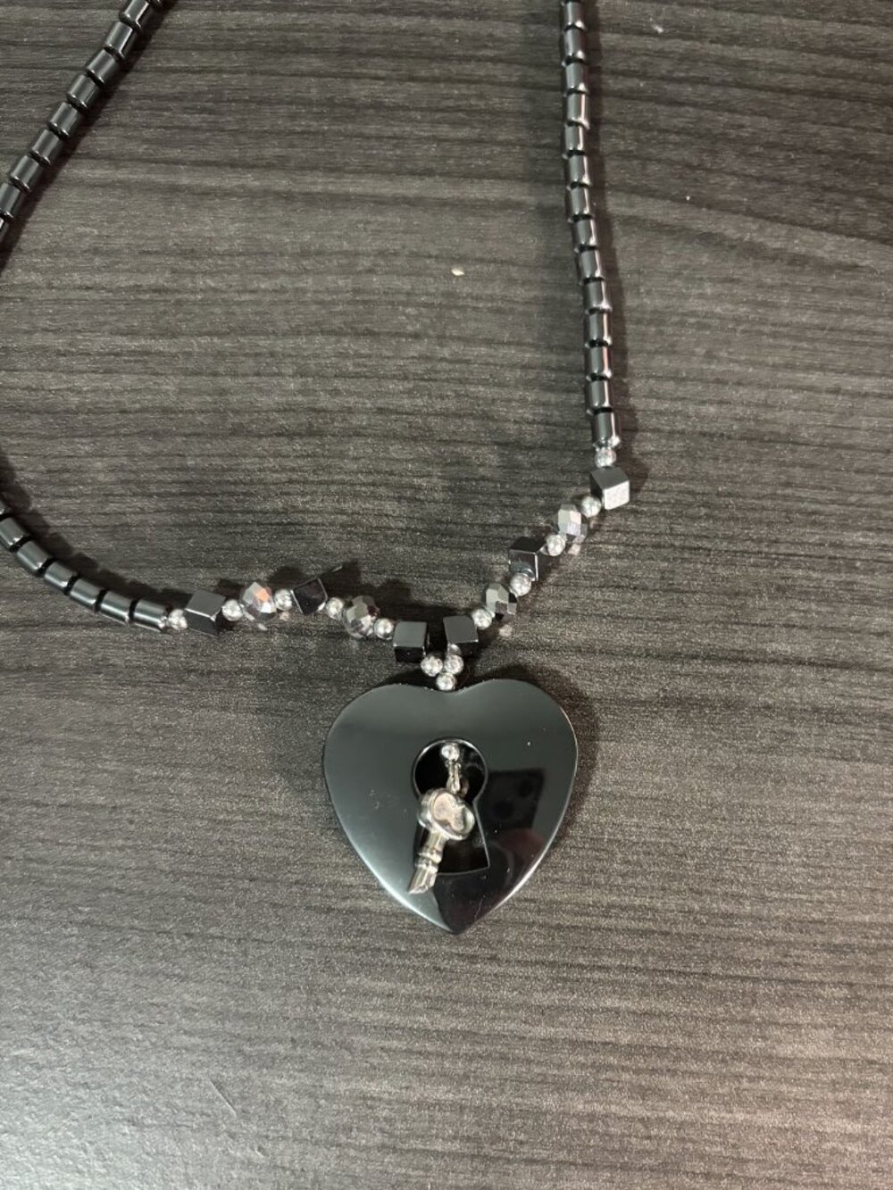 Silver-Toned Lock and Key Beaded Necklace